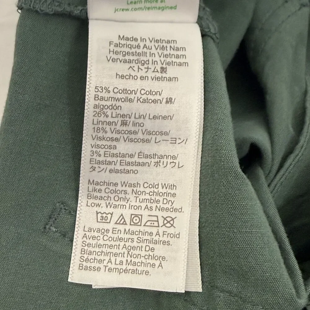 J.CREW Lizzie High Rise Linen Cotton Patch Pocket Wide Pant 33T Spinach NWT B93